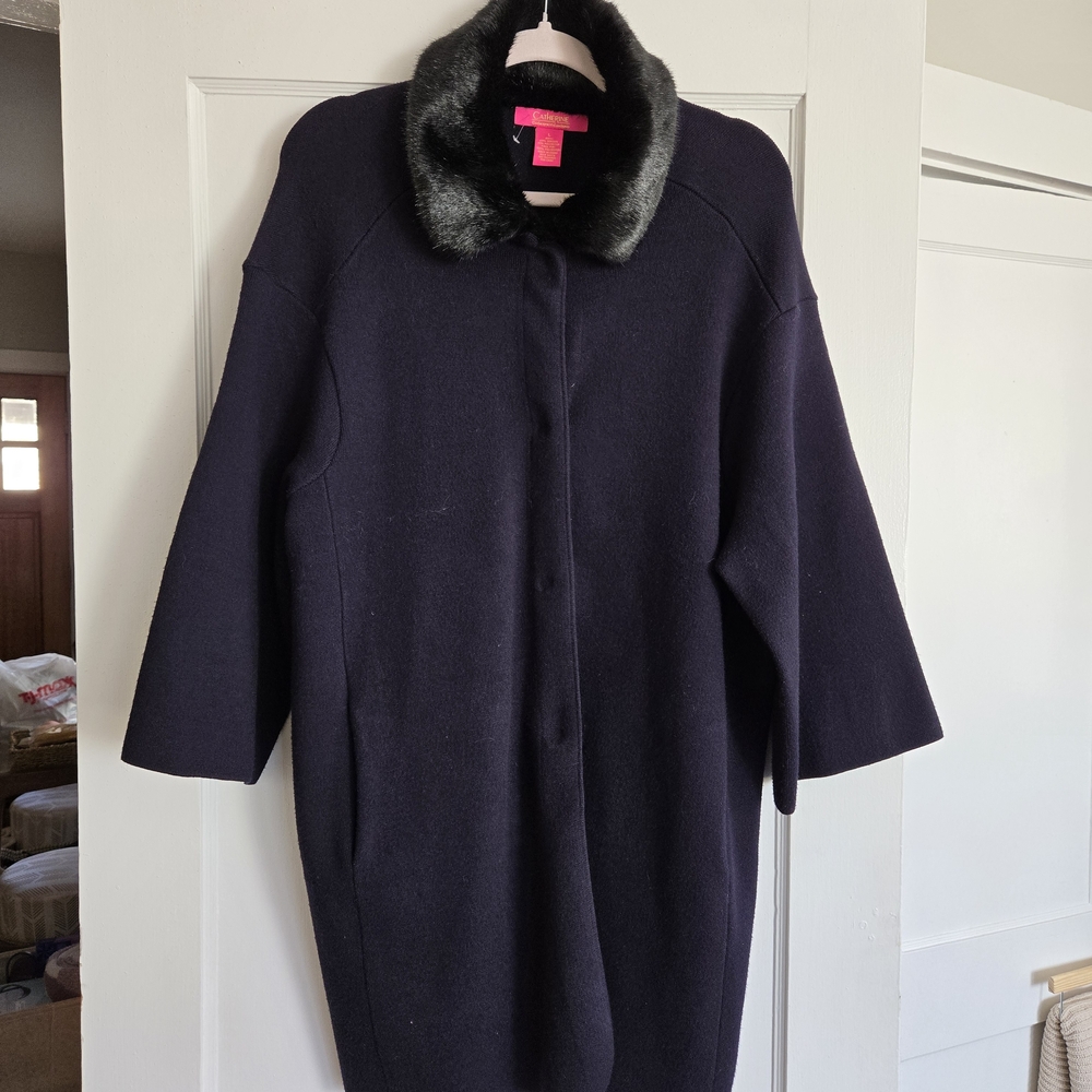 Catherine Malandrino Navy Pea Coat with Faux Fur Collar